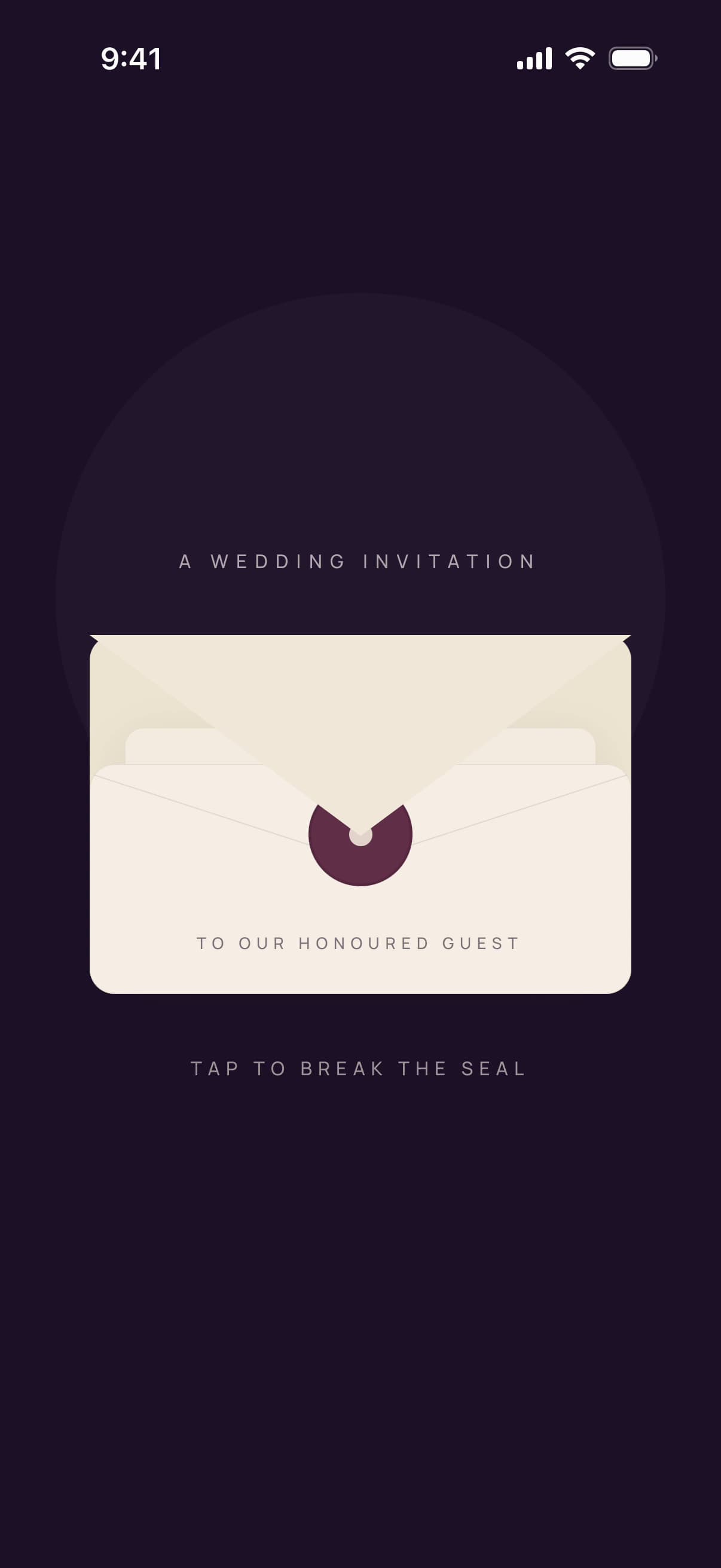 The app’s first screen: a sealed envelope, “A wedding invitation, to our honoured guest. Tap to break the seal.”