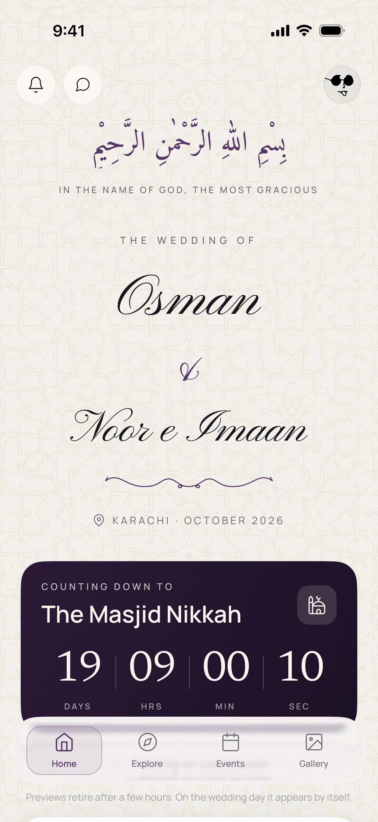 The app’s home screen: the couple’s names in script above a live countdown to the masjid nikkah