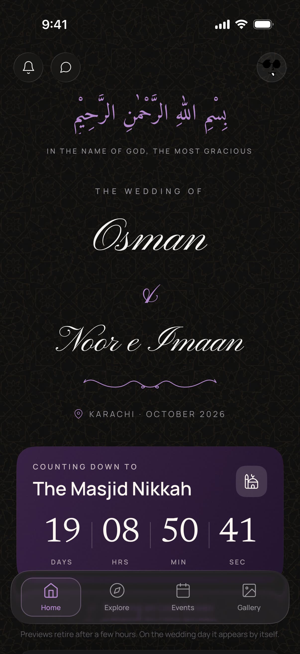 The app’s home screen in Plum, Midnight