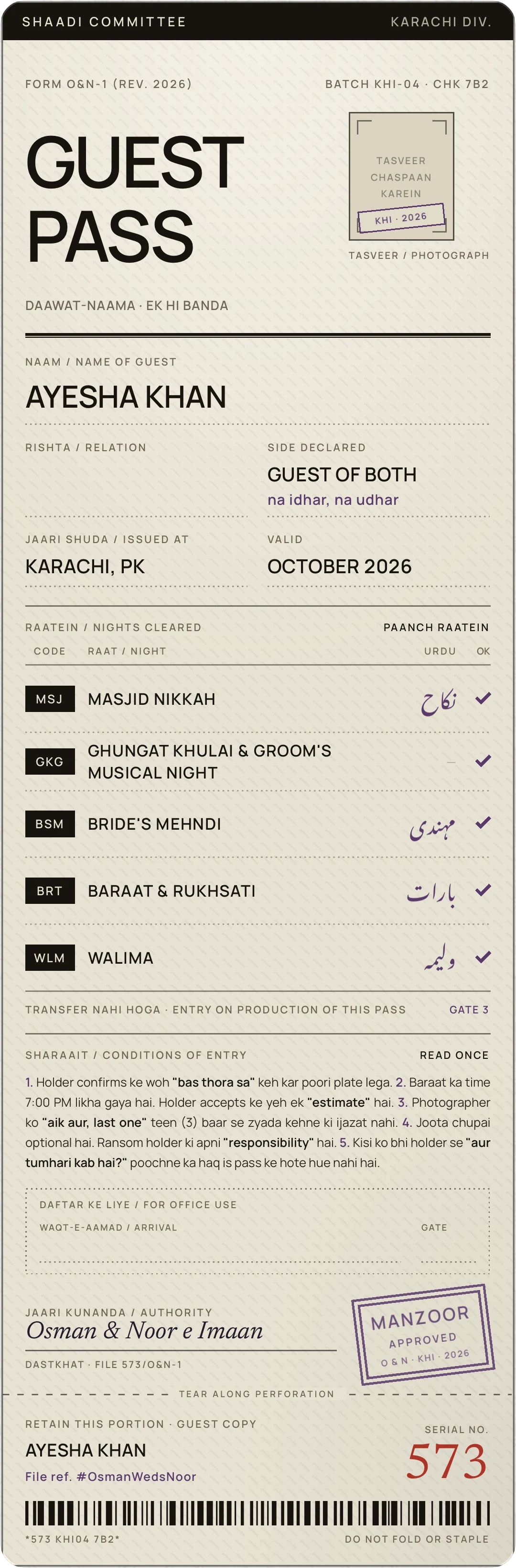 The Sarkari Daawat-Naama guest pass, made out to a demo guest: the five nights they are cleared for, each ticked, the conditions of entry, a Manzoor stamp and a tear-off guest copy