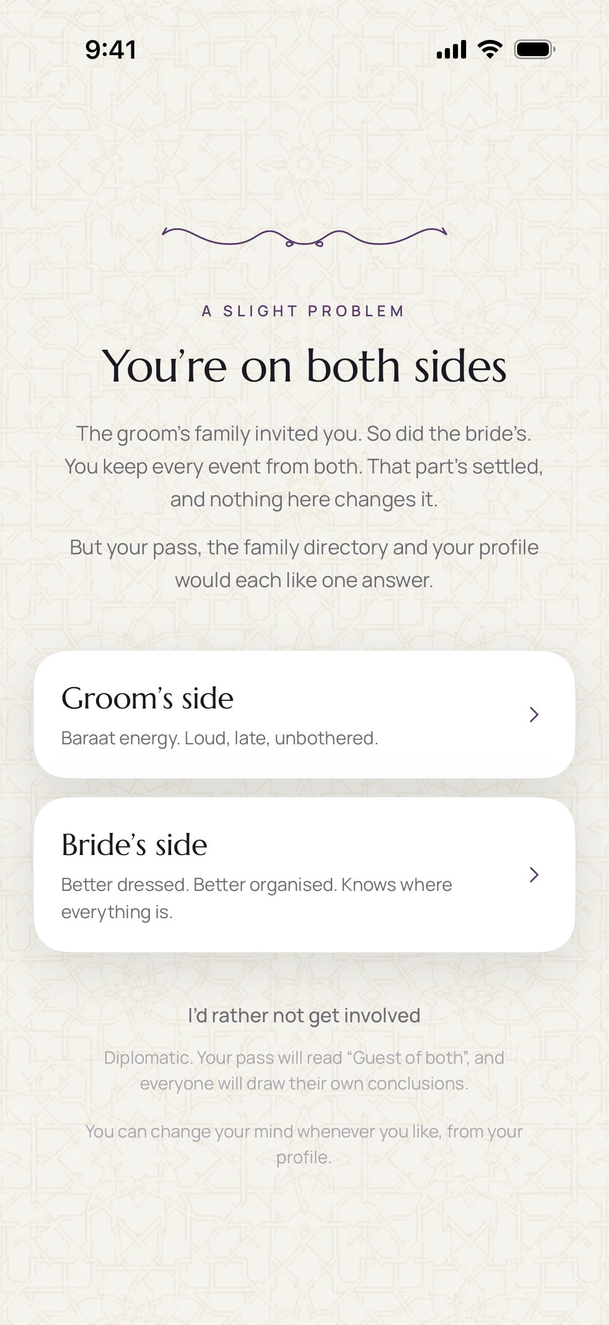 The “You’re on both sides” screen. Groom’s side: baraat energy, loud, late, unbothered. Bride’s side: better dressed, better organised.