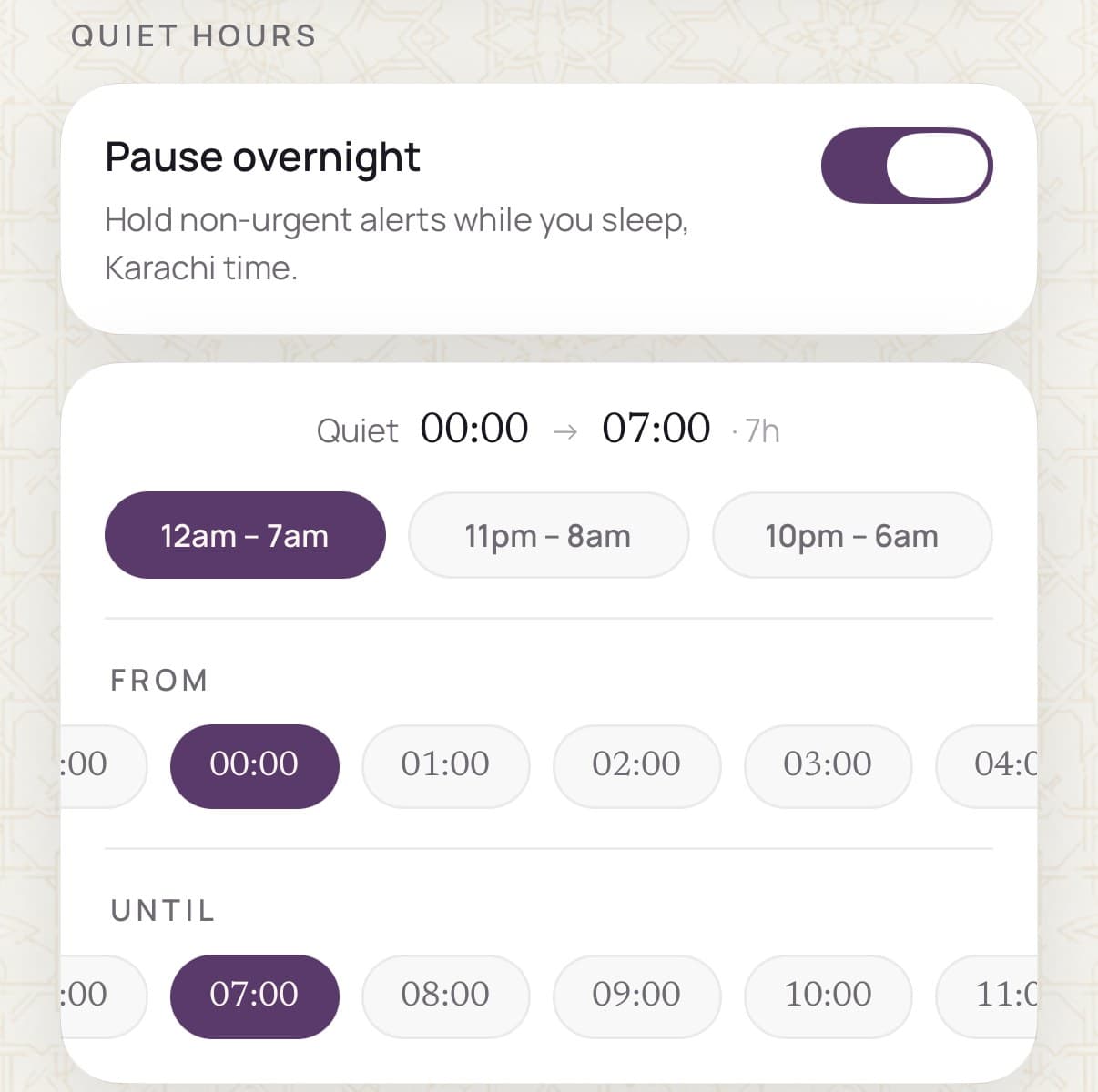 Quiet hours: pause overnight, from midnight until seven
