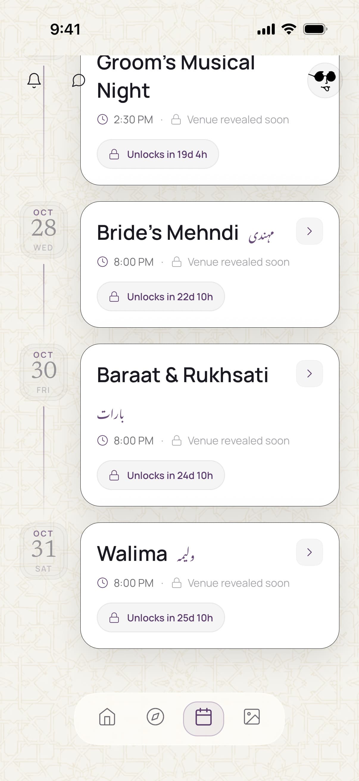 The schedule, scrolled to the last nights: the bride’s mehndi, the baraat and rukhsati, and the walima, each with its Urdu name and its venue sealed until the day before