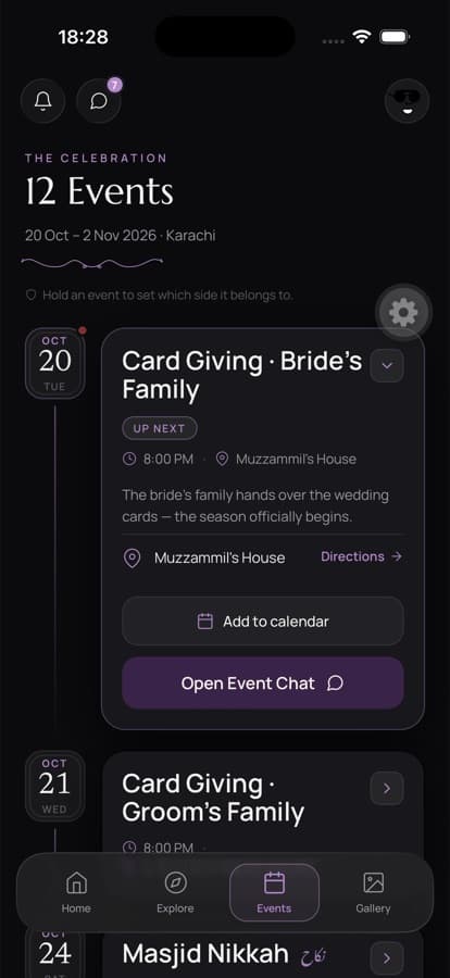 The events timeline in dark mode — dress codes, venues, directions